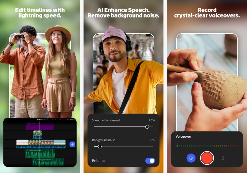 Шкала времени, настройки Enhance Speech и запись голоса в Adobe Premiere для Android