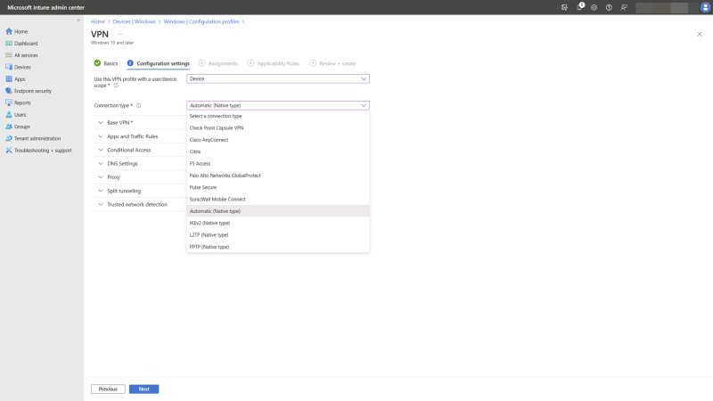 Выбор типа подключения VPN в центре администрирования Microsoft Intune