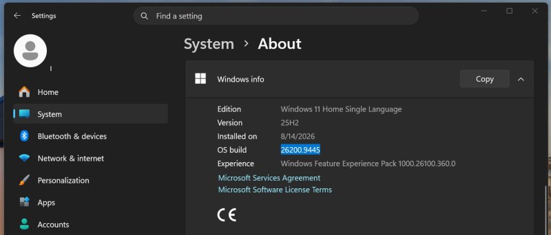 Раздел «О системе» в параметрах Windows 11 25H2 со сборкой 26200.9445