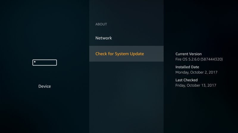 Раздел About в настройках Fire TV с пунктом Check for System Update