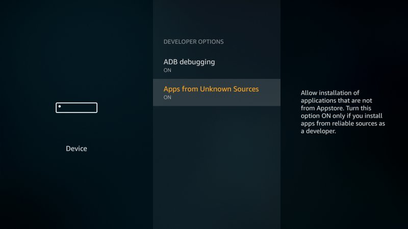 Меню Developer Options на Fire TV с включёнными ADB debugging и Apps from Unknown Sources