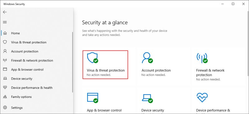 Раздел защиты от вирусов и угроз в приложении «Безопасность Windows»