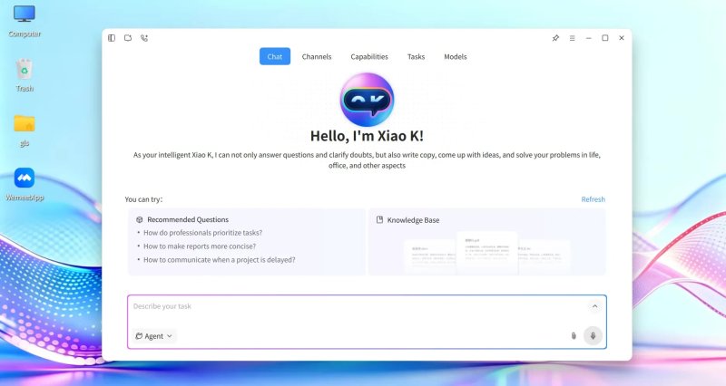 Окно ассистента Xiao K в openKylin 3.0 с вкладками Chat, Channels, Capabilities, Tasks и Models