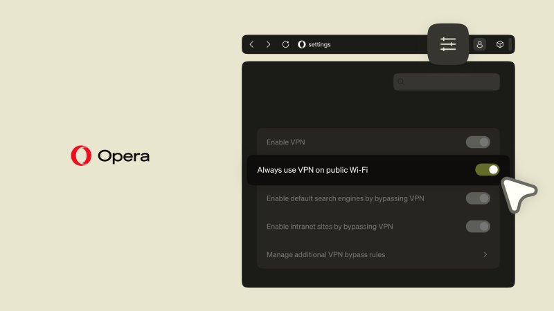 Переключатель Always use VPN on public Wi-Fi в настройках Opera